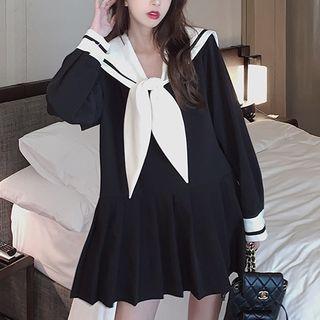 Sailor Collar Long-sleeve Pleated Mini Dress