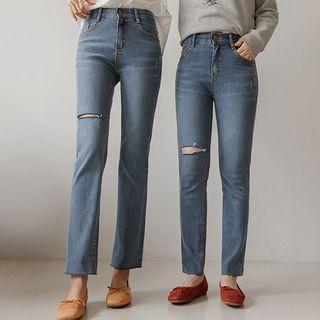 Slit Washed Straight-leg Jeans