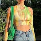 Long-sleeve Print Mesh Cold-shoulder Crop Top