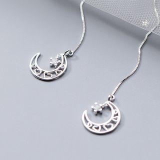 925 Sterling Silver Rhinestone Moon & Star Dangle Earring S925 Silver Ear Line - One Size