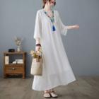3/4-sleeve Embroidered Tasseled Midi A-line Dress White - One Size