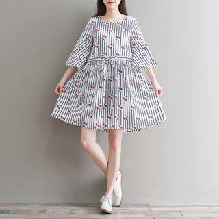 Striped Cherry Printed Tie-waist Dress