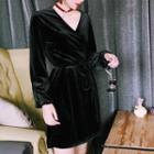 Long-sleeve V-neck Mini A-line Velvet Wrap Dress