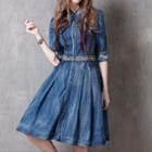 Embroidered Elbow-sleeve Denim Shirtdress