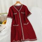 Short-sleeve Mini A-line Knit Dress Wine Red - One Size