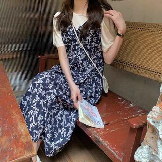 Set: Elbow-sleeve T-shirt + Floral Midi A-line Overall Dress