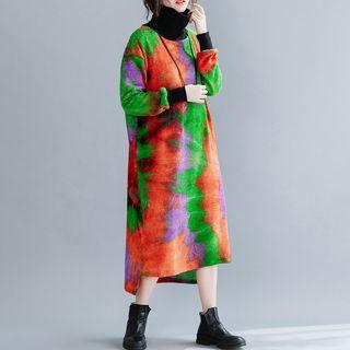 Printed Long-sleeve Midi Knit Dress As Shown In Figure - One Size