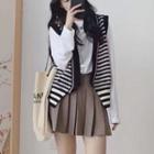 Striped Button-up Sweater Vest / Long-sleeve T-shirt / Pleated Mini A-line Skirt