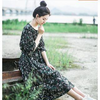 Elbow-sleeve Chiffon A-line Midi Dress