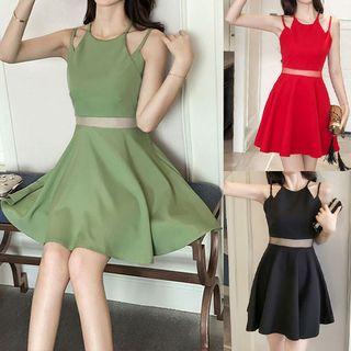 Spaghetti Strap Mesh Panel A-line Mini Dress