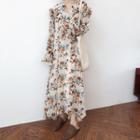 Long-sleeve Floral Ruffle Trim Maxi Chiffon Dress