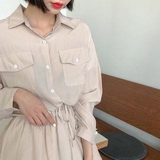 Set: Flap-pocket Textured Shirt + Flared Shorts One Size