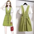 Set: Short-sleeve T-shirt + A-line Overall Dress T-shirt - White - One Size / Dress - Green - One Size