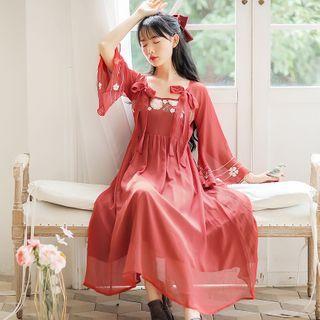 Bow-accent Flower Embroidered Bell-sleeve Midi Dress