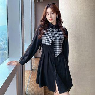Set: Plaid Asymmetrical Single-button Vest + Long-sleeve Collared Mini A-line Dress