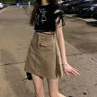 Tie-accent Cutout Printed T-shirt / High-waist Mini Skirt