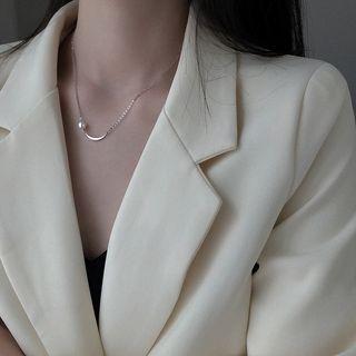 925 Sterling Silver Moon Faux Pearl Pendant Necklace As Shown In Figure - One Size