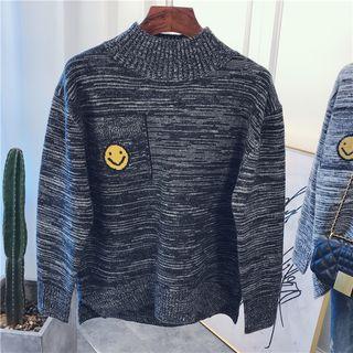 Mock Neck Smiley Face Embroidered Sweater