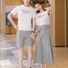 Couple Matching Lettering Short-sleeve T-shirt / Checked Shorts / Tie-waist Midi A-line Skirt