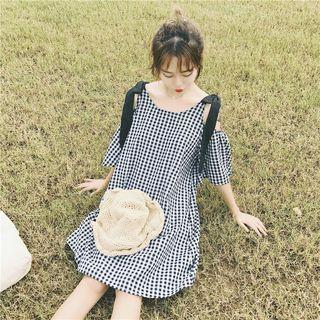 Elbow-sleeve Plaid Cutout Dress
