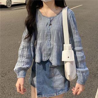 Long-sleeve Plain Shirt Top - One Size