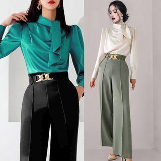 Set: Plain Blouse + Wide Leg Dress Pants