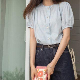 Round-neck Shirred Checked Blouse