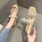 Block Heel Faux Pearl Floral Slide Sandals