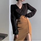 Long-sleeve V-neck Crop Top / Slit Midi Pencil Skirt