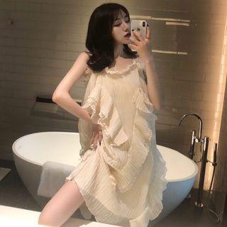 Ruffle Trim Spaghetti Strap Dress Almond - One Size
