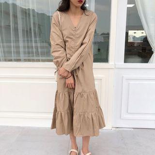 Long-sleeve Drawstring Tiered Midi Mermaid Dress Khaki - One Size
