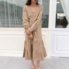 Long-sleeve Drawstring Tiered Midi Mermaid Dress Khaki - One Size