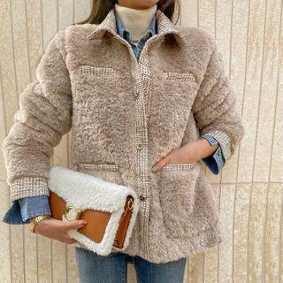 Tweed-trim Eco-fur Shirt