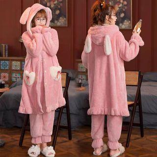 Ear Accent Hooded Flannel Sleep Robe / Lounge Pants / Set