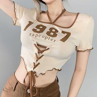 Number Print Lace-up Cropped T-shirt