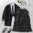Double Breast Plain Blazer / Plaid Layered Pleated Skirt / Embroidered Shirt