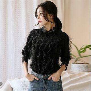Crochet-edge Mesh-trim Velvet Blouse