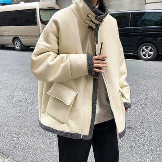 Stand-collar Color Block Fleece-lined Faux Leather Zip Jacket