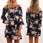 Floral Print Off-shoulder Bell-sleeve Mini A-line Dress
