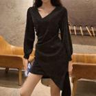 Long-sleeve Glitter Asymmetric Dress As Shown In Figure - One Size