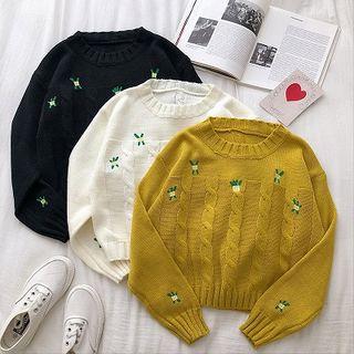 Color-block Embroidered Long-sleeve Sweater