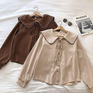 Color-block Lace-up Long-sleeve Blouse