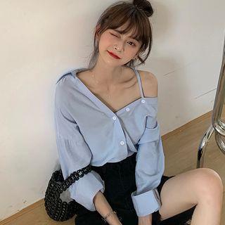 Cold-shoulder Shirt Sky Blue - One Size