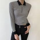 Long-sleeve Lapel Striped Zip Top