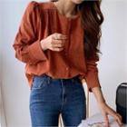 Round-neck Shirred-trim Ribbed Blouse