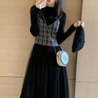Set: Plaid Camisole Top + Long-sleeve Mesh Panel Midi A-line Dress