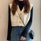 Mock-neck Long-sleeve T-shirt / Button-up Sweater Vest