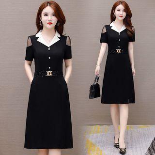 Short-sleeve Mesh Panel Embellished Midi Shirt Dress