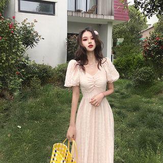 Puff-sleeve V-neck A-line Midi Dress