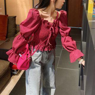 Long-sleeve Gingham Square-neck Cropped Blouse